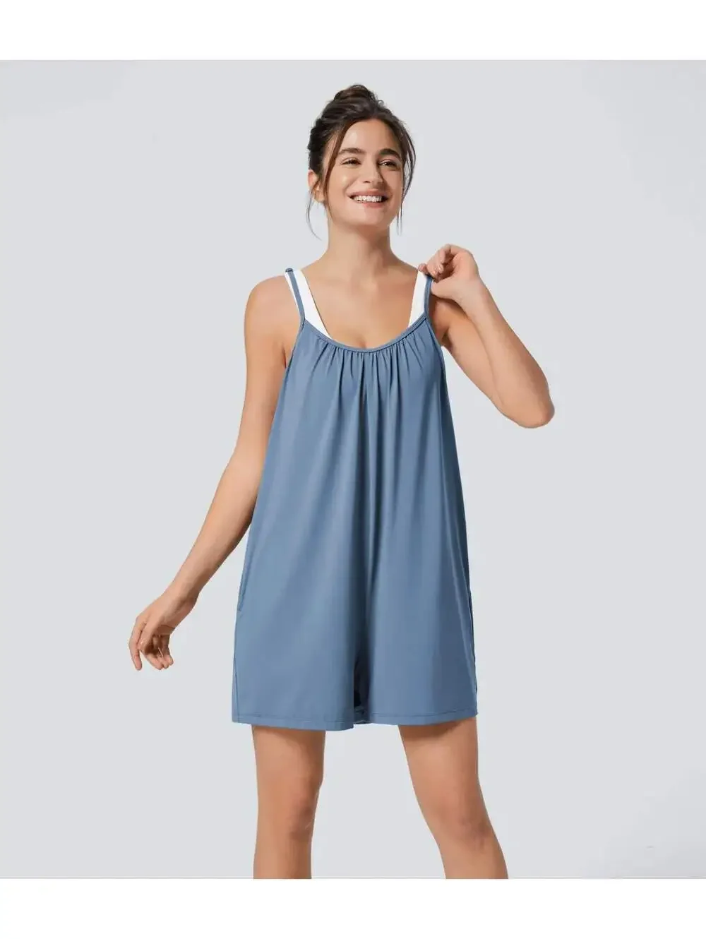 Halara Spaghetti Pocket Solid Wide Leg Casual Jumpsuit Blue Size Large - Picture 6 of 8